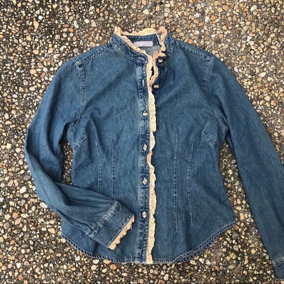 Vtg denim and lace trim prairie top blouse 6p - Picture 6 of 6